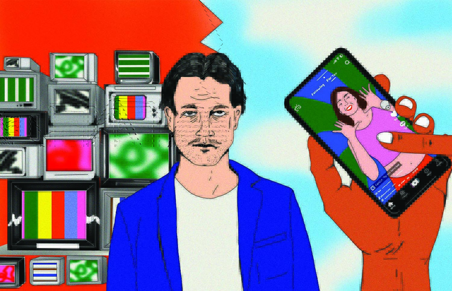 colorful illustration of a man in a blue jacket standing in front of a wall of tv monitors. A hand holding a smartphone is being held up in the foreground