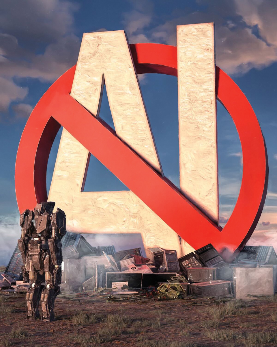 A 3D rendering of "AI" with a "No" sign over it in front of a robotic figure.