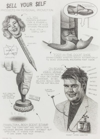 A graphite drawing says "sell yourself" at the top and has various drawings for self-promoting doo-dads, like a pencil suggesting you put your own face on the eraser.