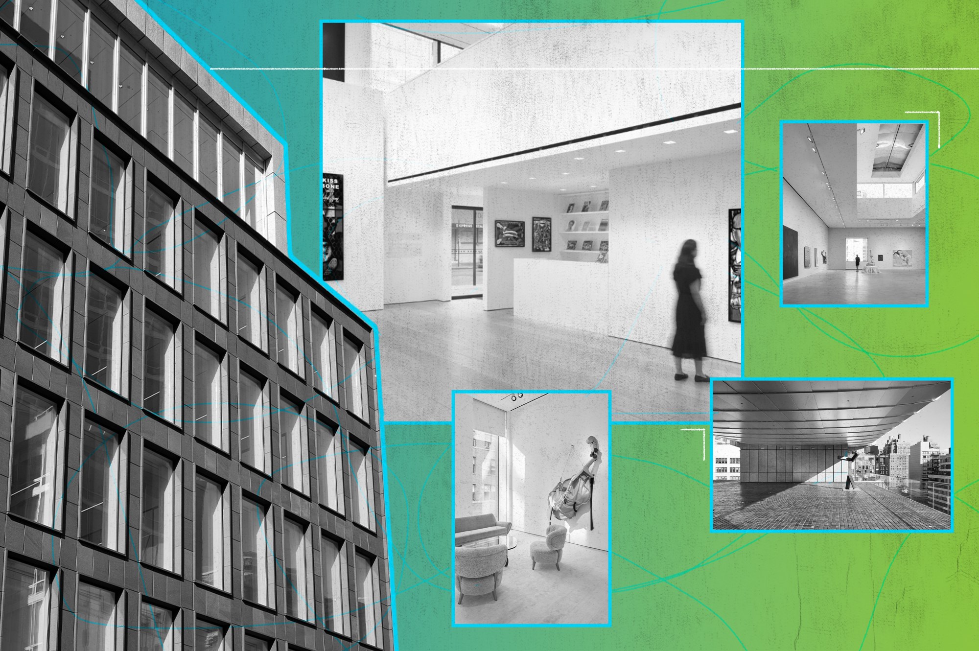 A photo illustration showing various shots of art galleries in black and white against a blue-to-green gradient background.