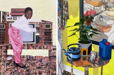 Composite image showing two collage-painting artworks of a Black girl turning a dial on an old school TV (left) and items on a coffee table (right).