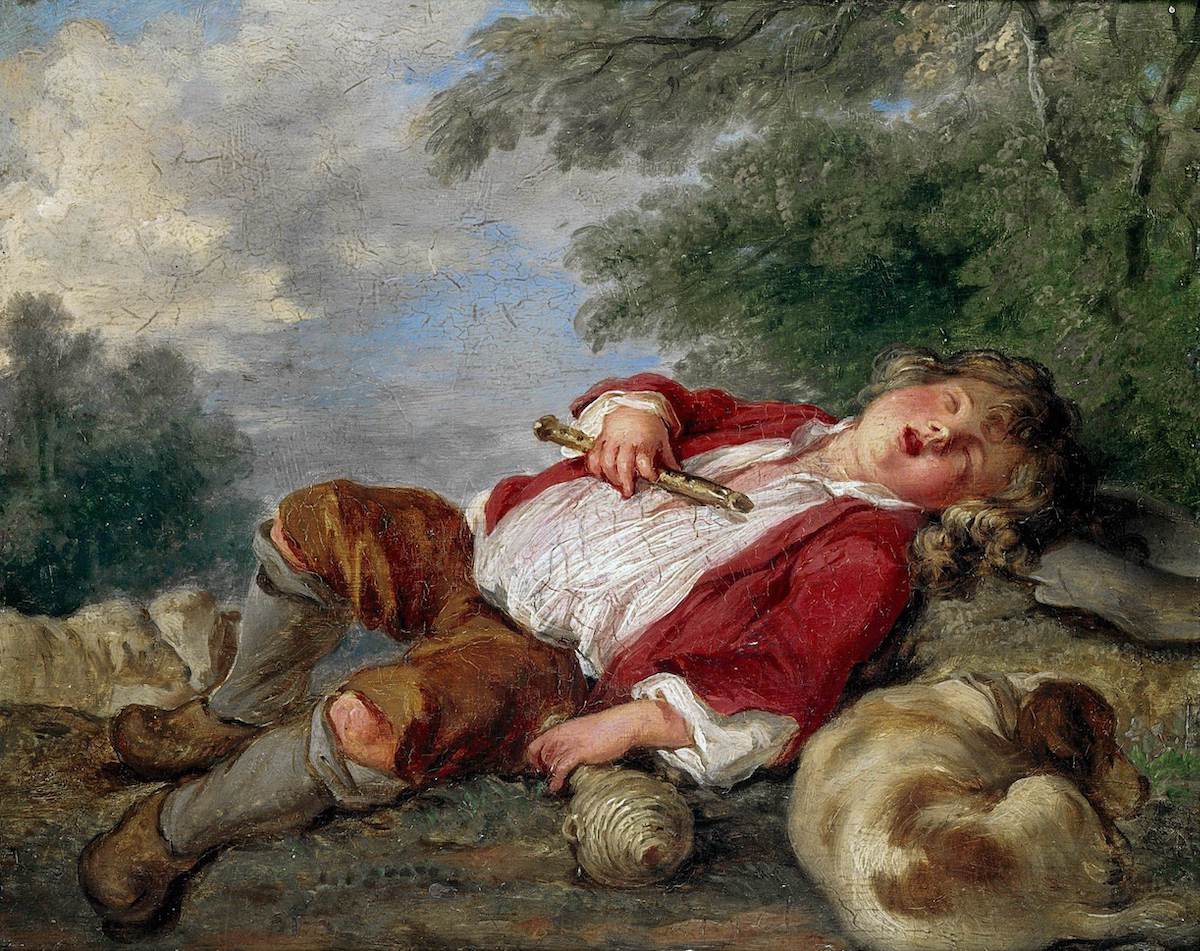 A painting of sleeping boy with a flute clutched to his chest and a chalice in another hand. A dog is curled up next to him. He reclines on a rocky outcropping beneath a cloudy sky.