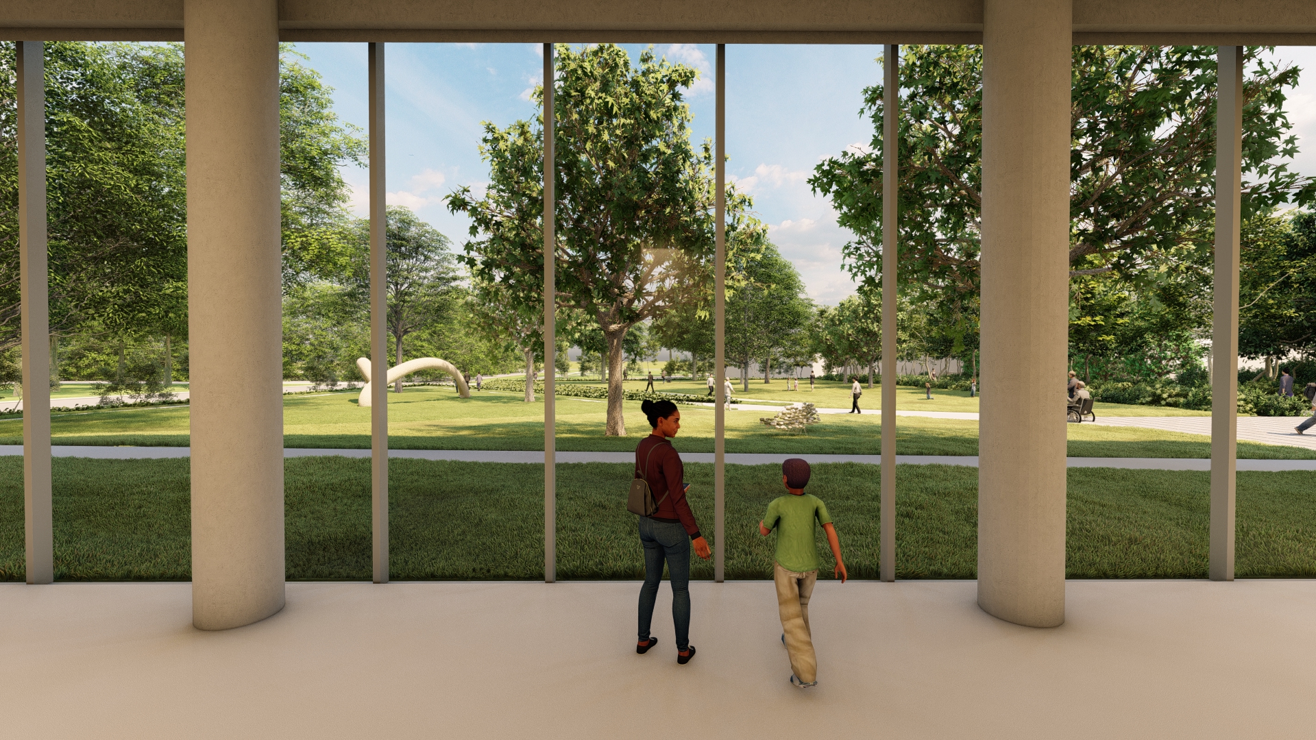 In a color computer rendering, a woman and a boy stand inside a white-walled gallery with floor-to-ceiling windows that look out onto a sylvan park, dotted with sculptures.