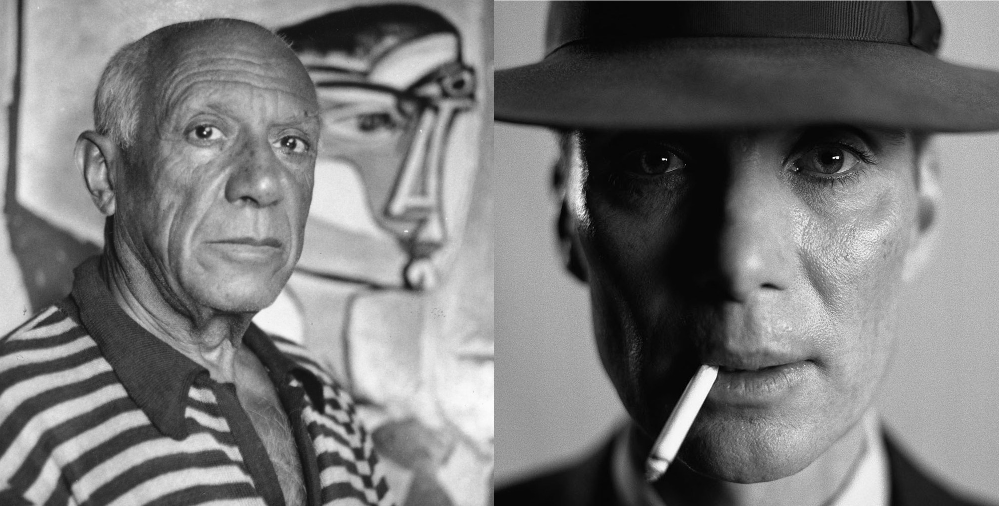 Diptych of two men in black and white. One wears a striped shirt and stands before a painting of a highly abstracted face, the other wears a bowler hat and has a cigarette dangling out of his mouth.