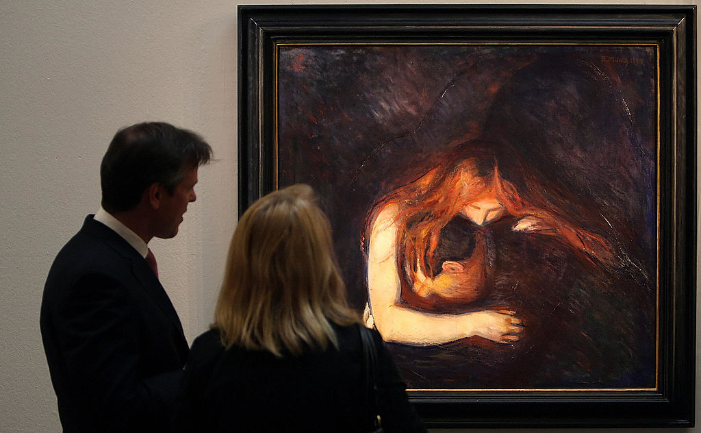 A painting entitled "Vampire" by Edvard Munch is displayed at the Sotheby's auction house in London, on October 3, 2008. The 1893 painting is expected to sell for over US dollars 30m (GBP 17m or euro 21.5m) when it is auctioned at the Evening Sale of Impressionaist and Modern Art in New York, on November 3. AFP PHOTO/Leon Neal (Photo credit should read Leon Neal/AFP via Getty Images)