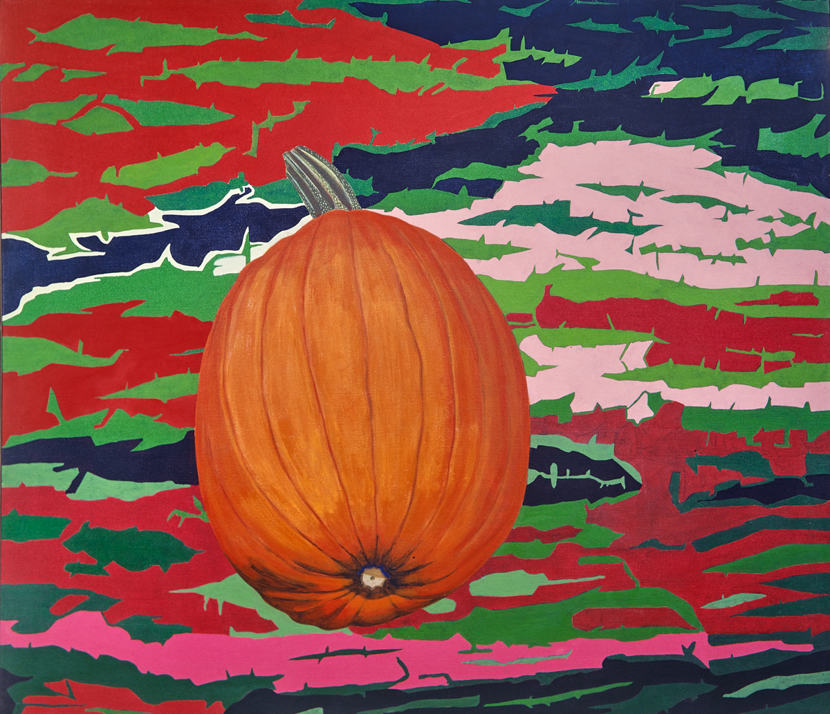 A painting of an orange pumpkin floating against an abstract sky in red, green, blue, and pink.