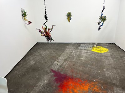 Several tendril-like sculptures hang from the ceiling with colored powder on the floor.