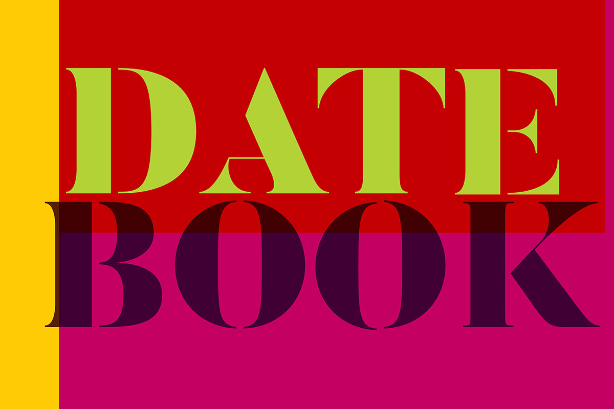 bold colorful graphic with the words "date" and "book" stacked on top of each other. Background is red and pink, and the text is neon green and purple