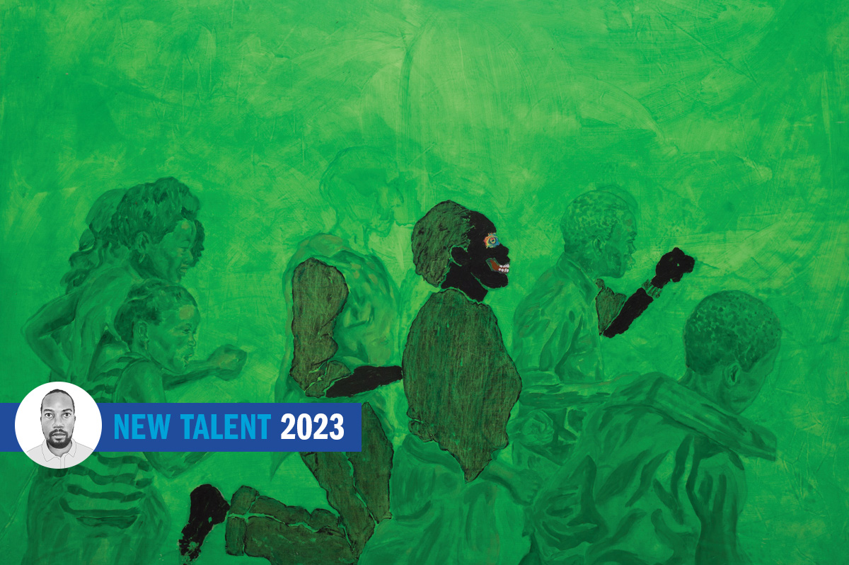 A bright green painting with ghostly figures seemingly on the march.