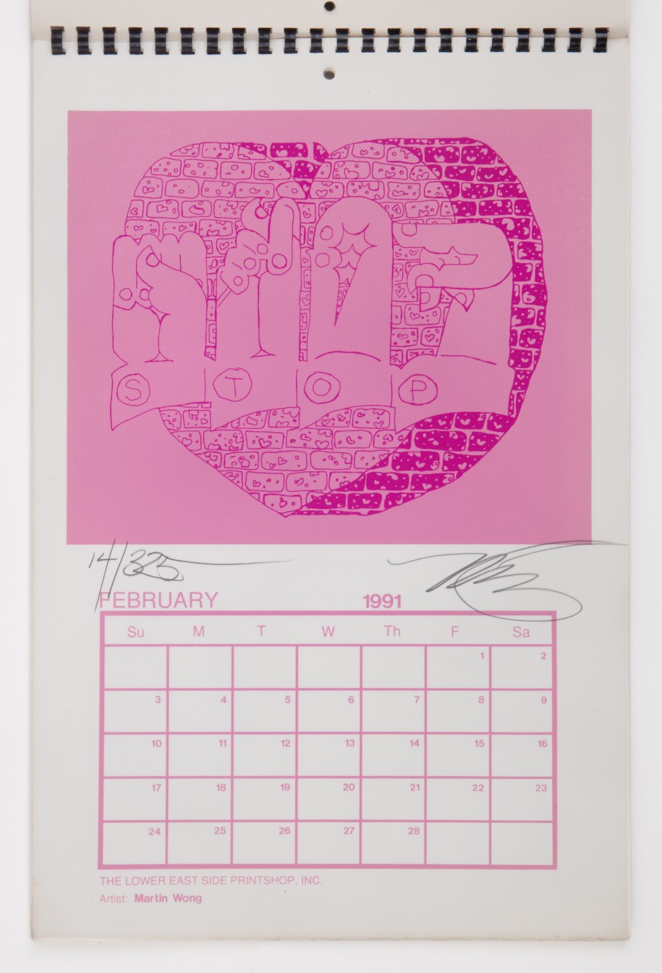 A calendar page for Feburary 1991 with a pink graffiti-like illustration.
