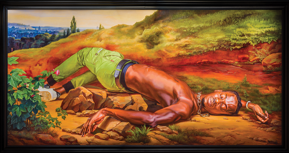 A realistic painting of a shirtless Black man lying contorted on the ground. He's wearing green pants and has a thick silver chain around his neck. He is lying on a hill in a landscape that looks straight out of a Northern Renaissance painting.