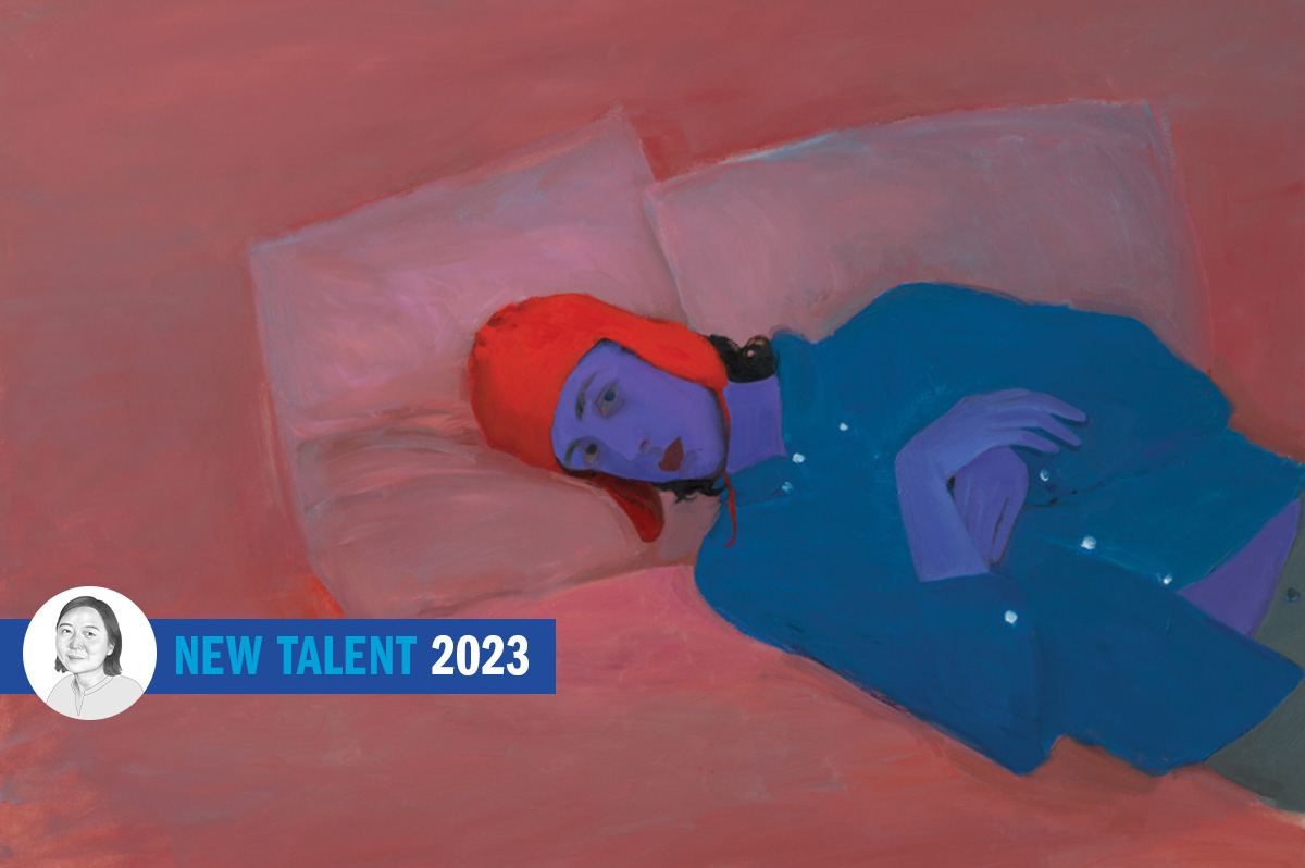 painting of a woman with purple skin and a blue button-down shirt lying on pinkish-red pillows, wearing a bright red bonnet with ear flaps